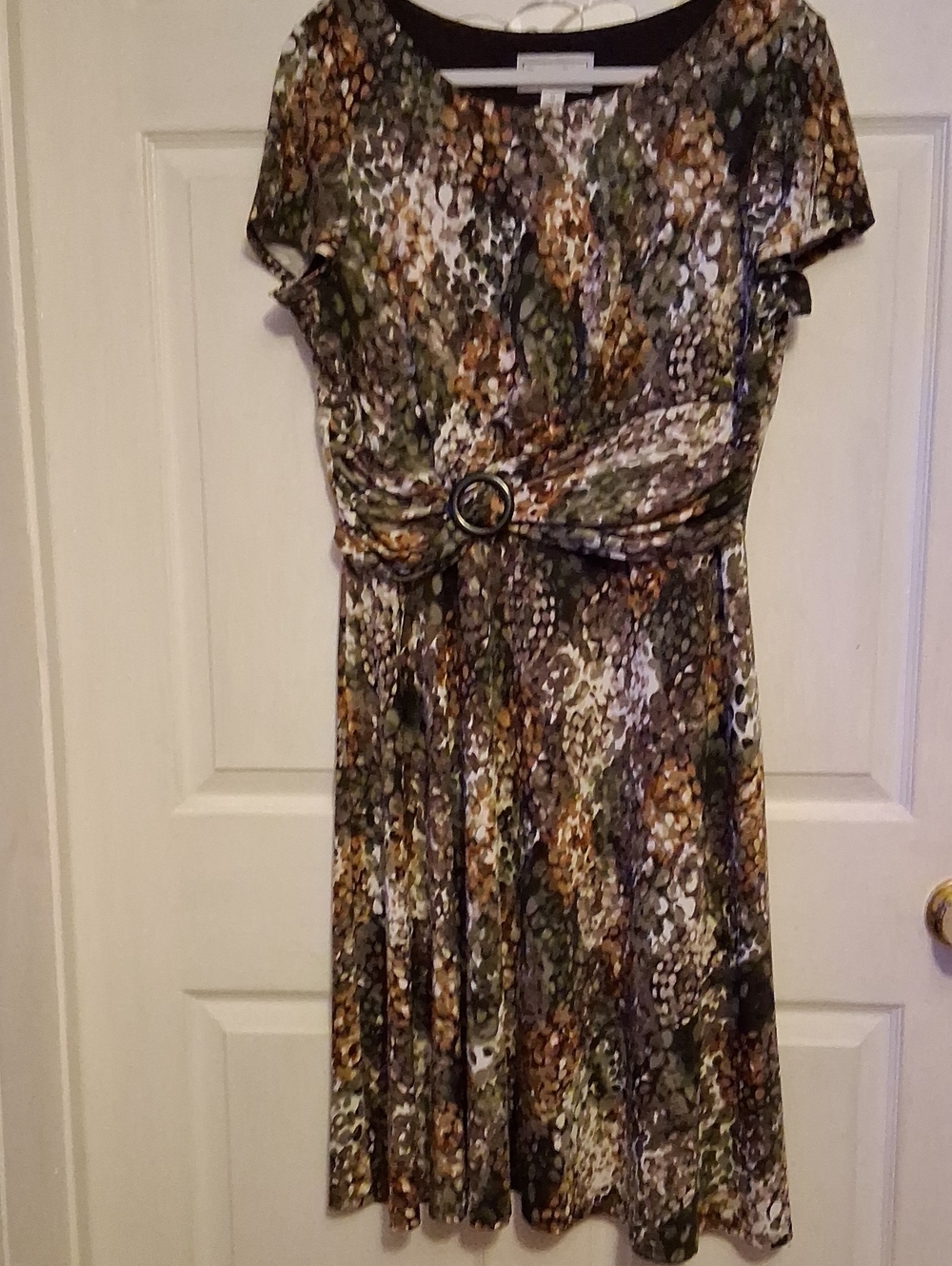 Belted Printed Midi Dress in Green and Brown